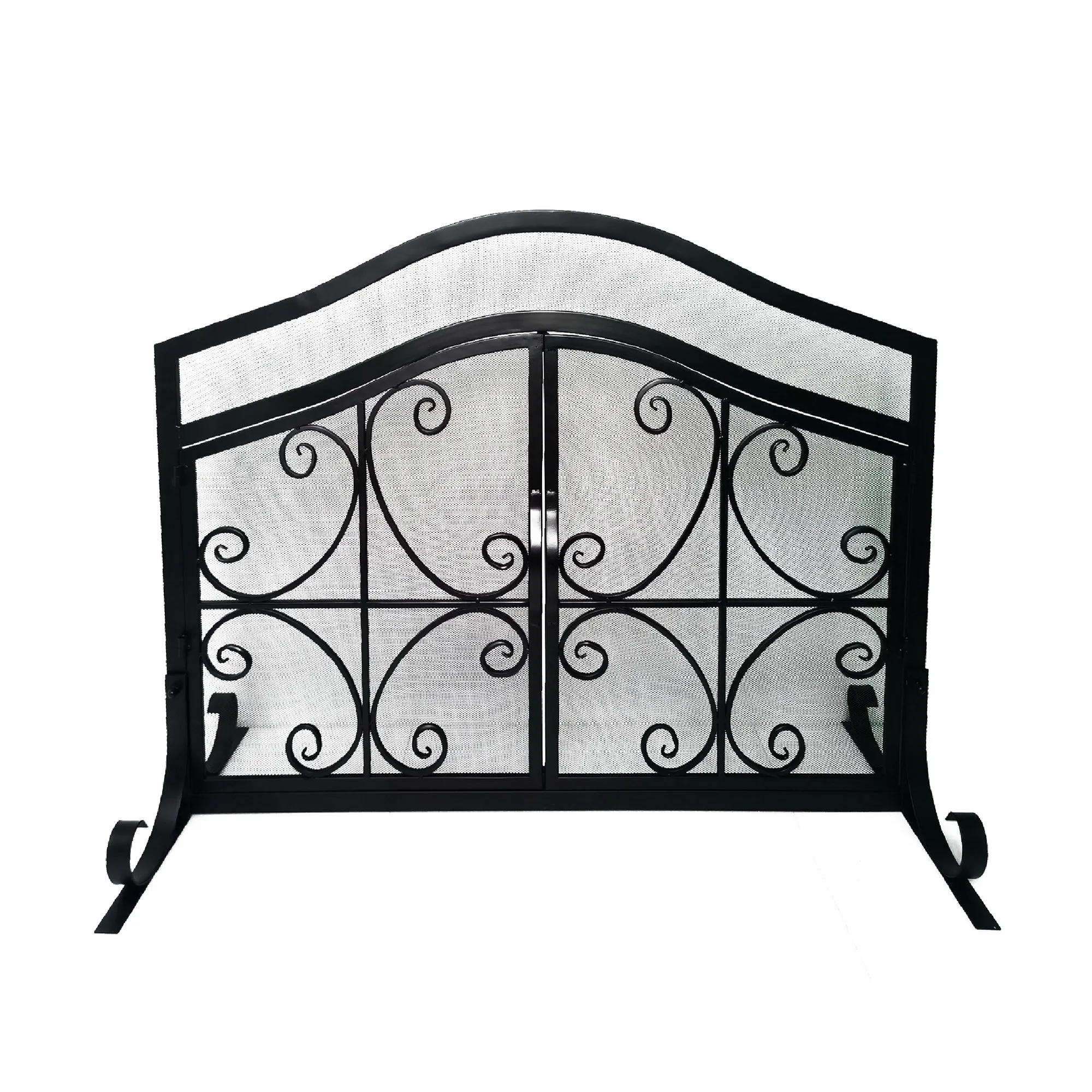 43 Inches 2 Door Iron Fireplace Screen, Mesh Design, Scrollwork, Black By The Urban Port