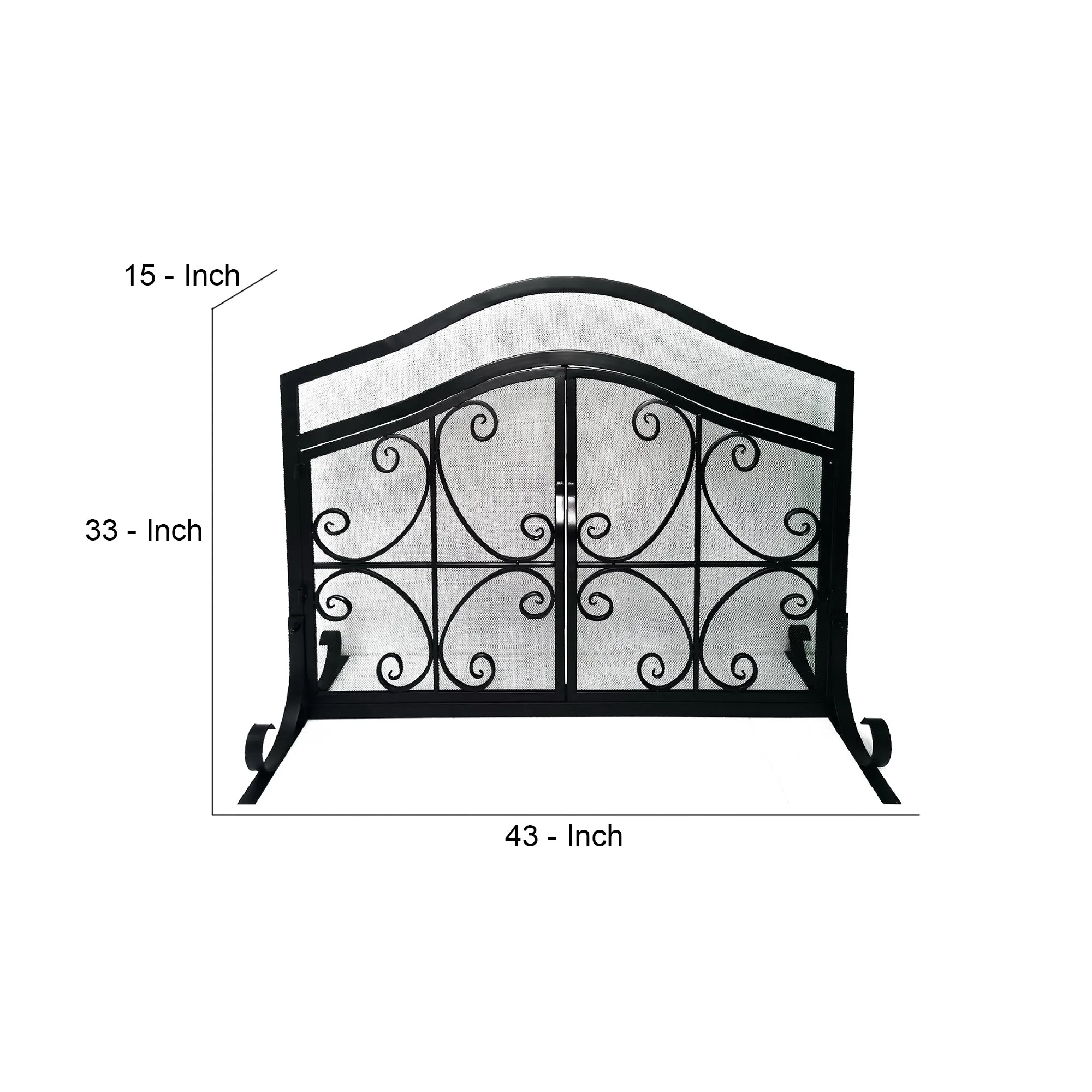 43 Inches 2 Door Iron Fireplace Screen, Mesh Design, Scrollwork, Black By The Urban Port