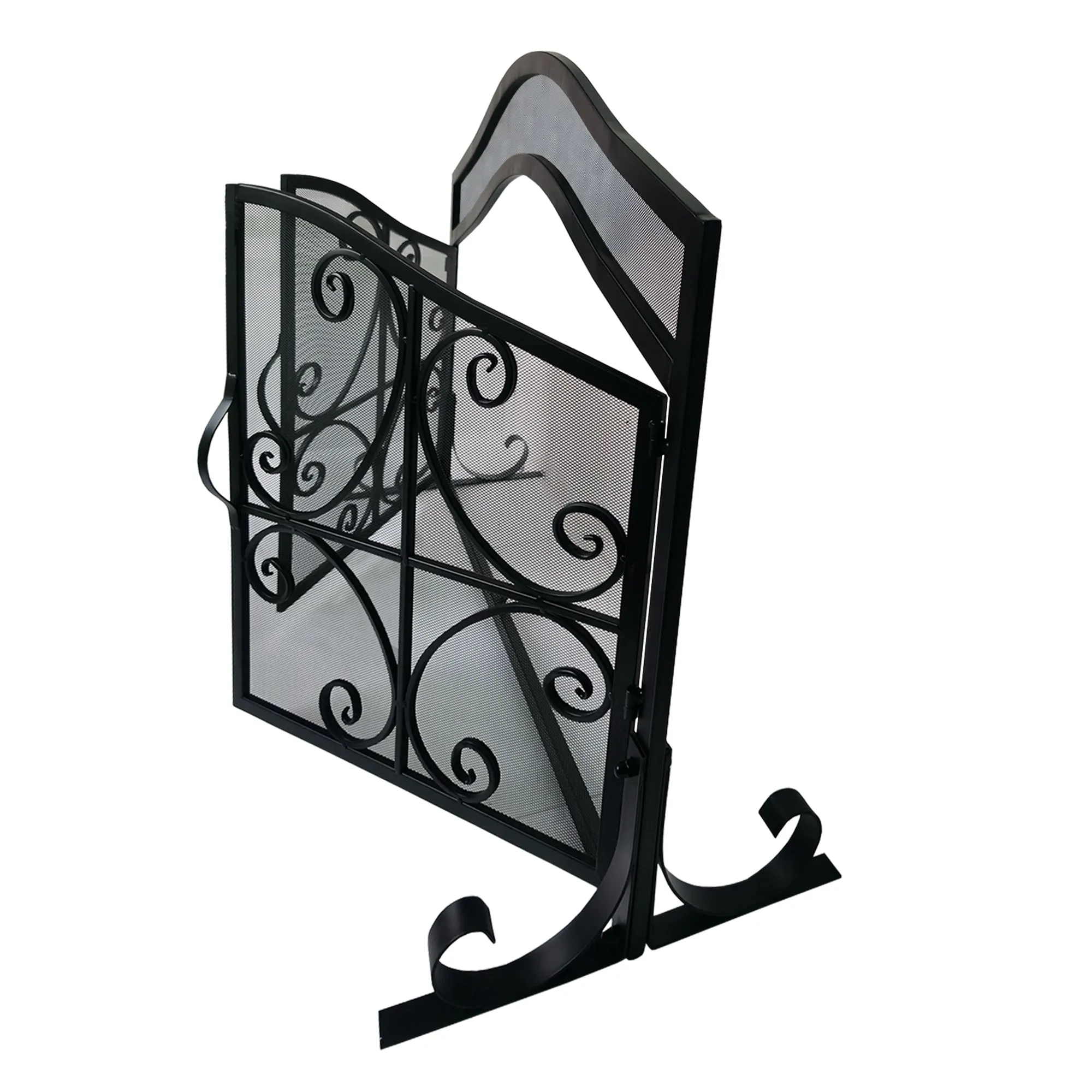 43 Inches 2 Door Iron Fireplace Screen, Mesh Design, Scrollwork, Black By The Urban Port