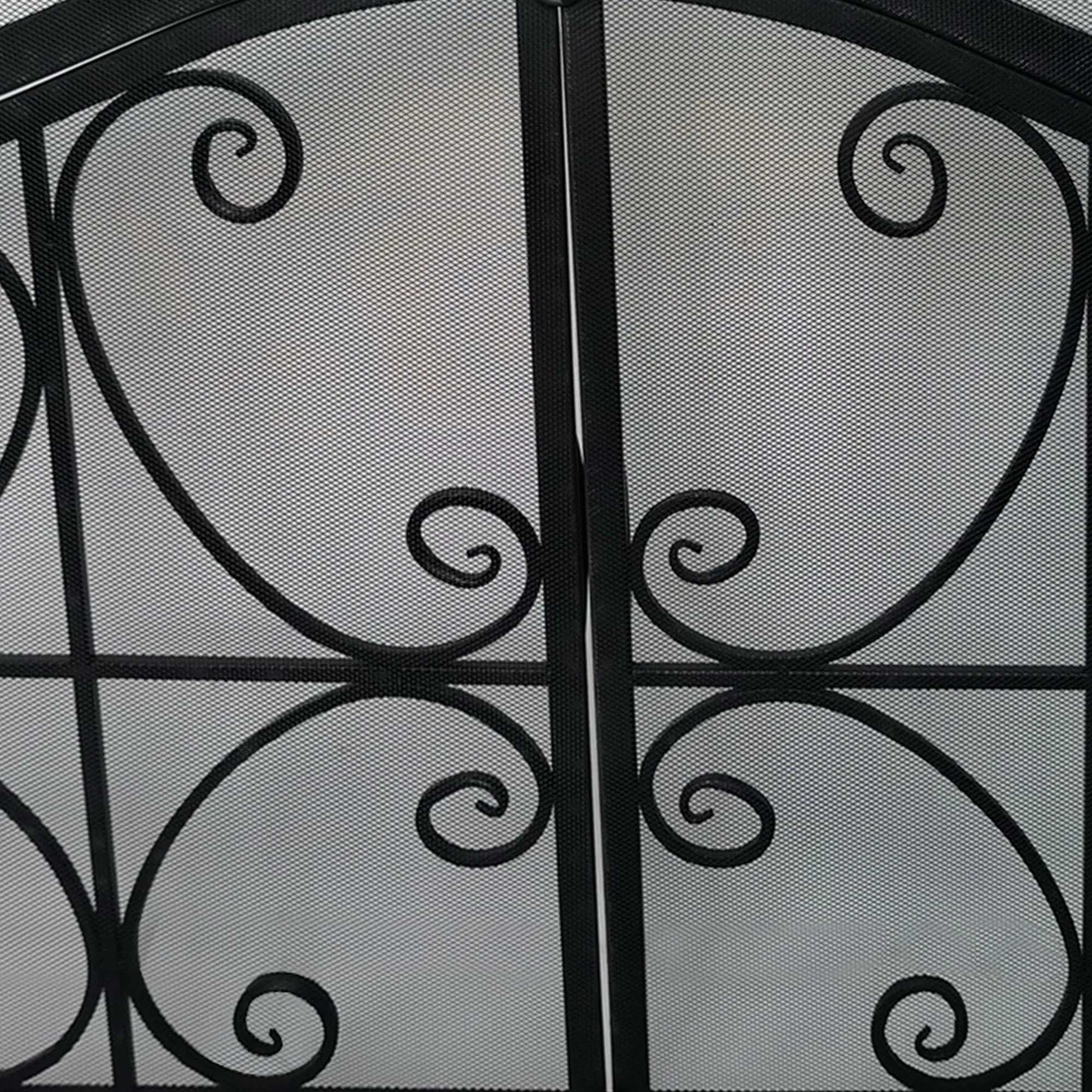 43 Inches 2 Door Iron Fireplace Screen, Mesh Design, Scrollwork, Black By The Urban Port