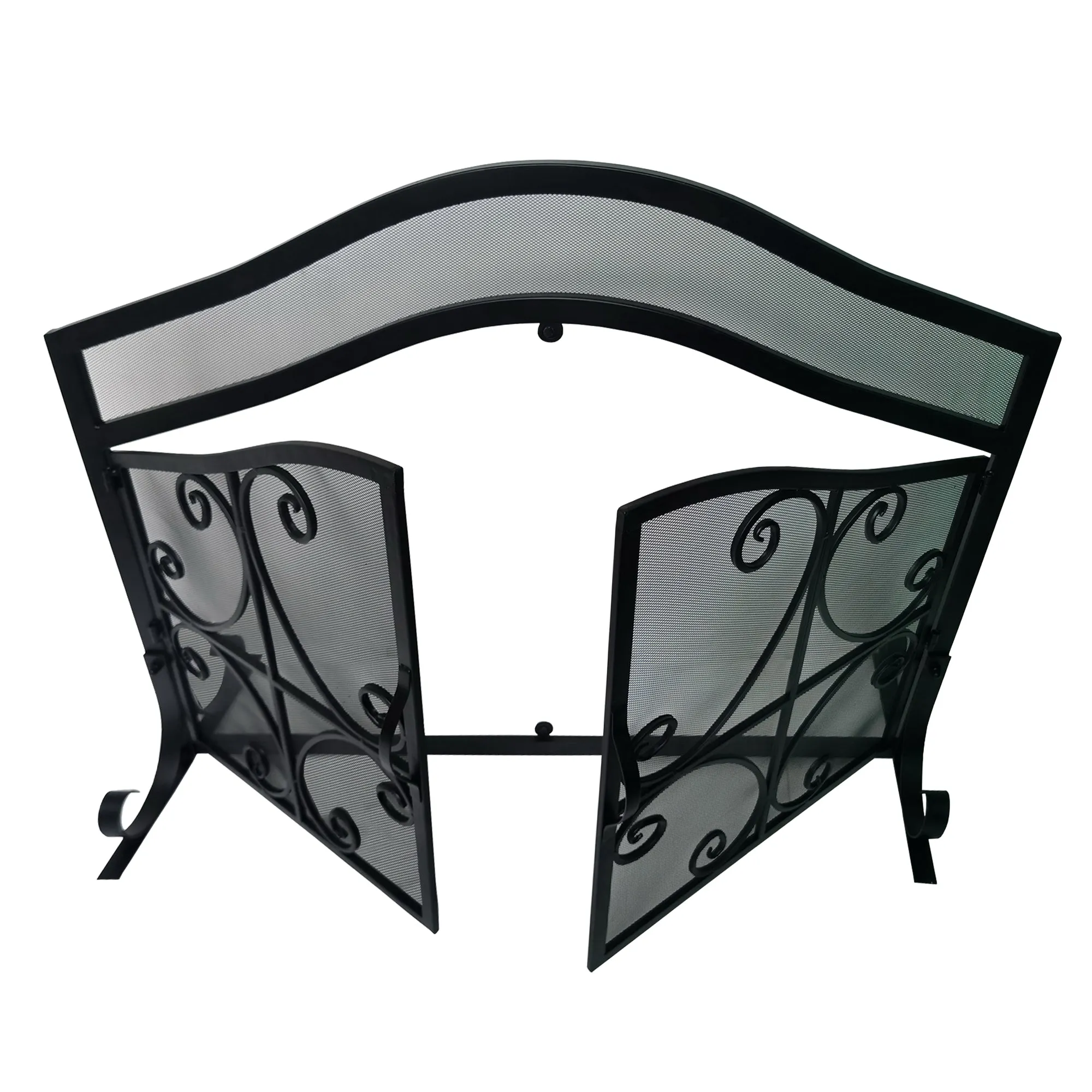 43 Inches 2 Door Iron Fireplace Screen, Mesh Design, Scrollwork, Black By The Urban Port