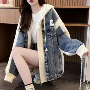 Black Denim Jacket for Women Winter 2024 Cold Outerwear Graphic with Print Hooded Warm Knitted Woman Jean Coat Patchwork Luxury