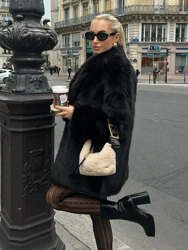 Black Thick Faux Fur Coats Women Vintage Loose Lapel Single-breasted Plush Coat Fashion Female Winter Versatile Warm Streetwear