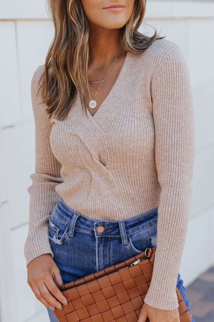 Braided Front Tan Ribbed Sweater