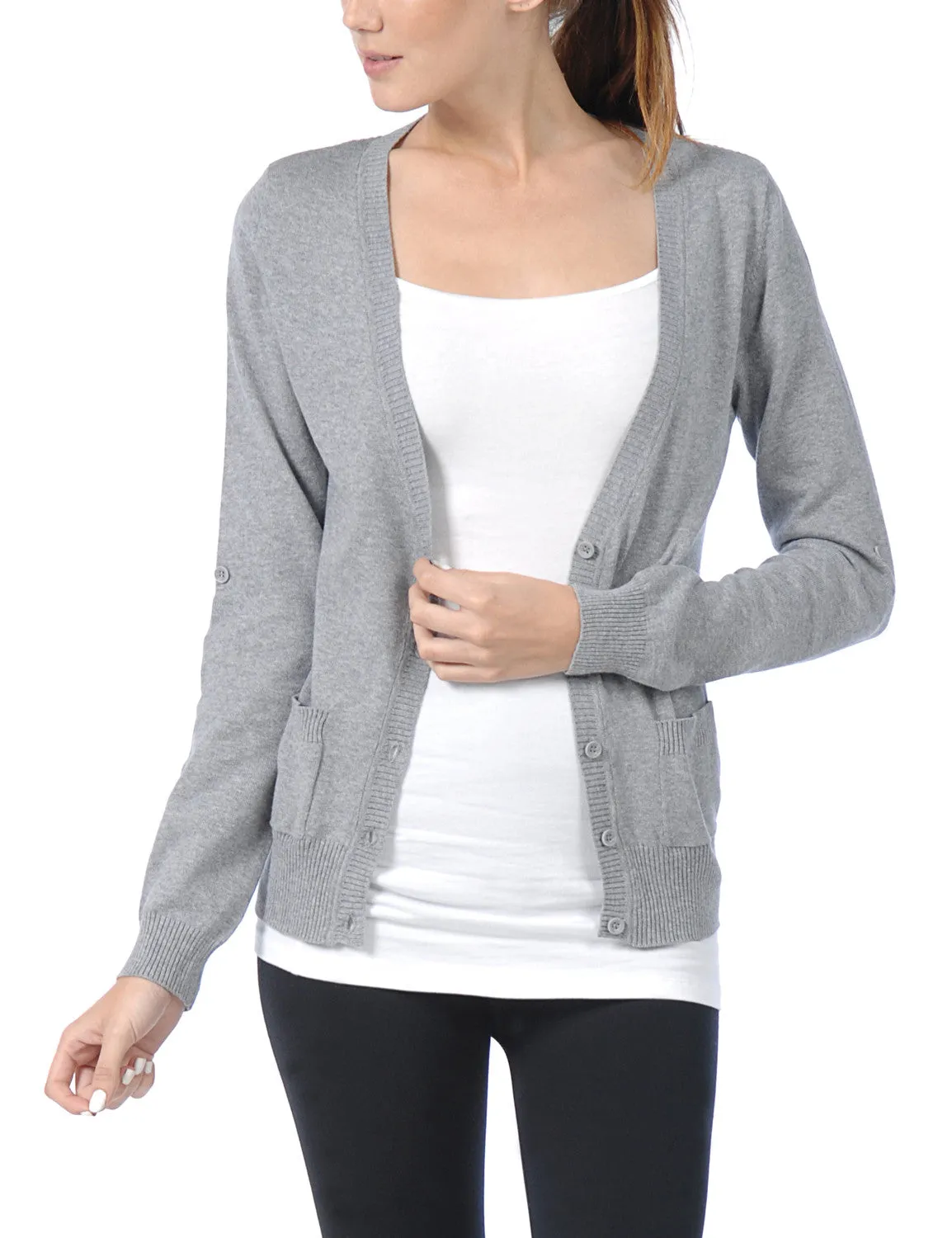 Classic Long Sleeve Deep V Neck with Adjustable Roll Up Sleeve