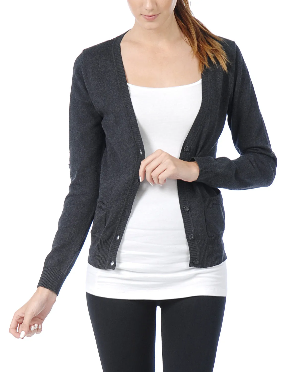 Classic Long Sleeve Deep V Neck with Adjustable Roll Up Sleeve