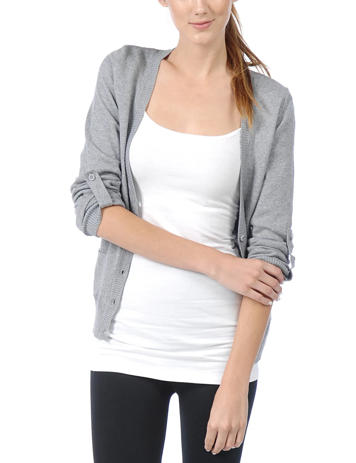 Classic Long Sleeve Deep V Neck with Adjustable Roll Up Sleeve