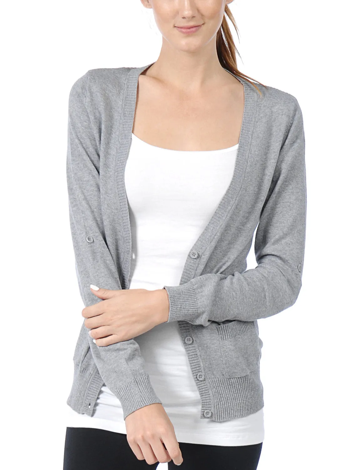 Classic Long Sleeve Deep V Neck with Adjustable Roll Up Sleeve