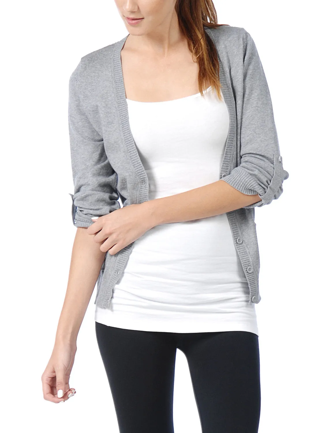 Classic Long Sleeve Deep V Neck with Adjustable Roll Up Sleeve