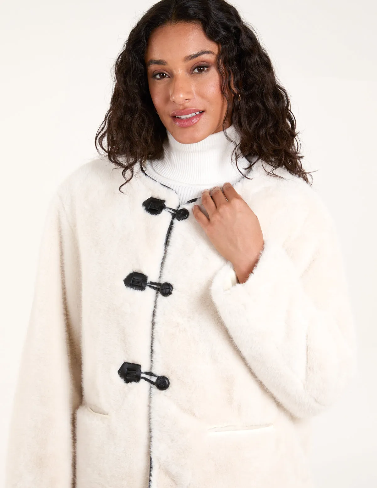 Collarless Toggle Detail Faux Fur Jacket