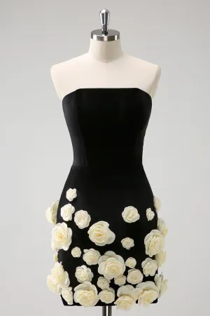 Elegant Black Tight Strapless Short Homecoming Dress with 3D Flowers