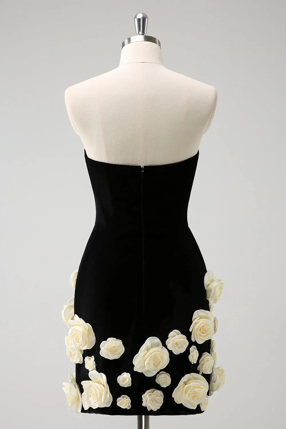 Elegant Black Tight Strapless Short Homecoming Dress with 3D Flowers