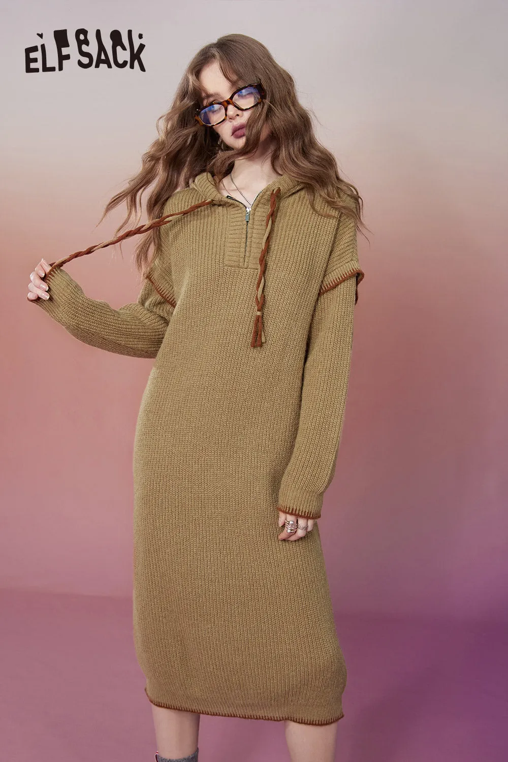 ELFSACK Hoodie Knitted Dresses For Women 2023 Winter Plus Size Elegant Dresses