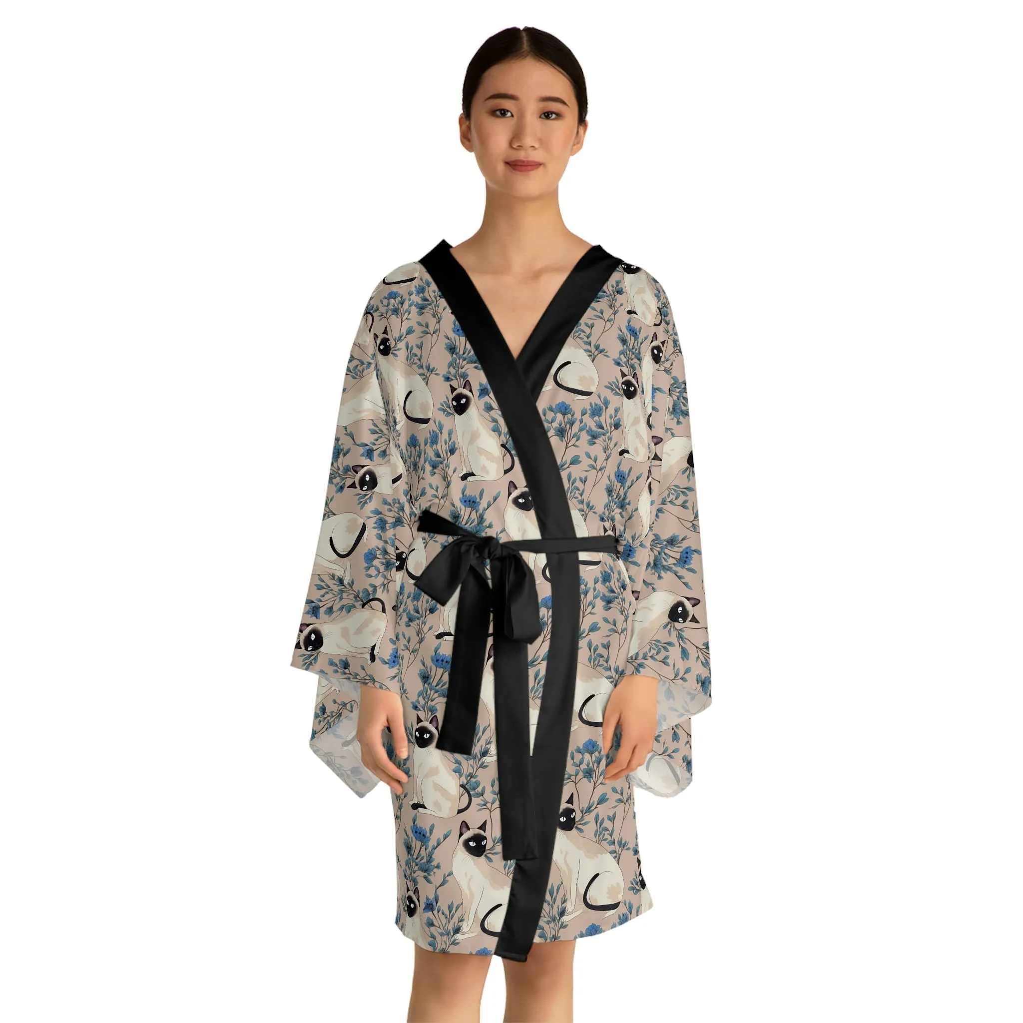 Japandi Siamese Cat Pattern Long Sleeve Kimono Robe