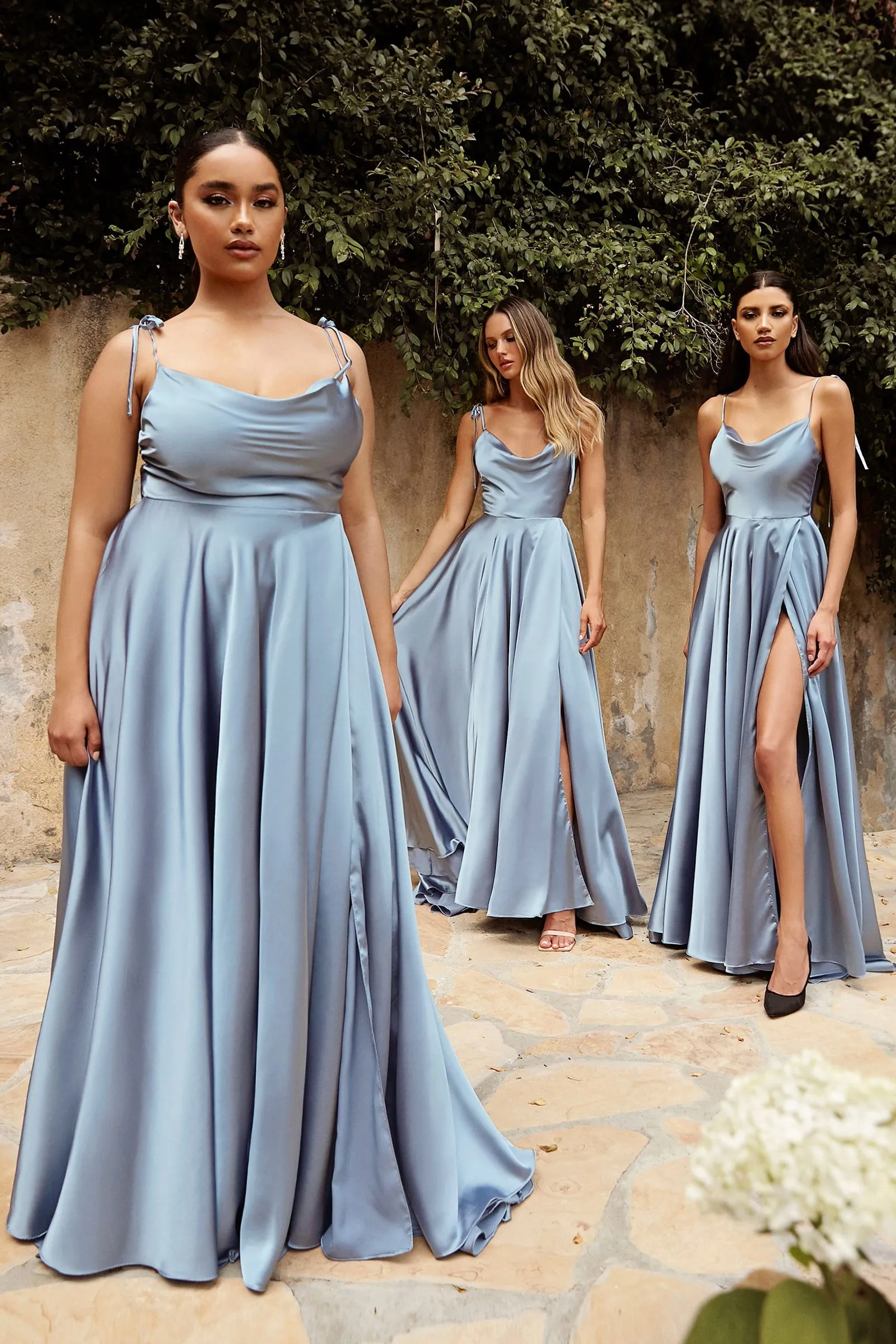 Ladivine BD104 Satin Bridesmaids Dress A Line Maxi Slit Cowl Neck