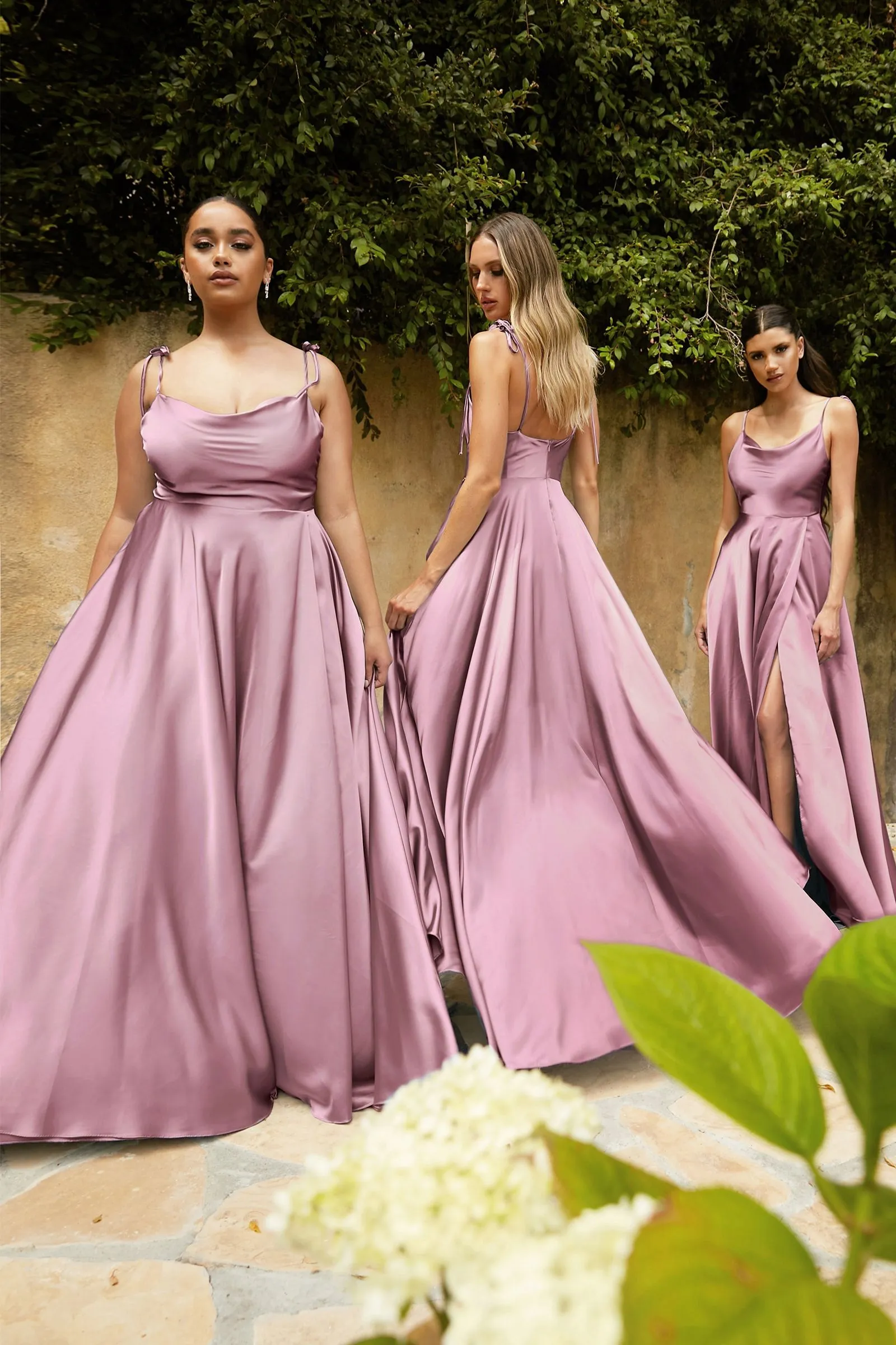 Ladivine BD104 Satin Bridesmaids Dress A Line Maxi Slit Cowl Neck