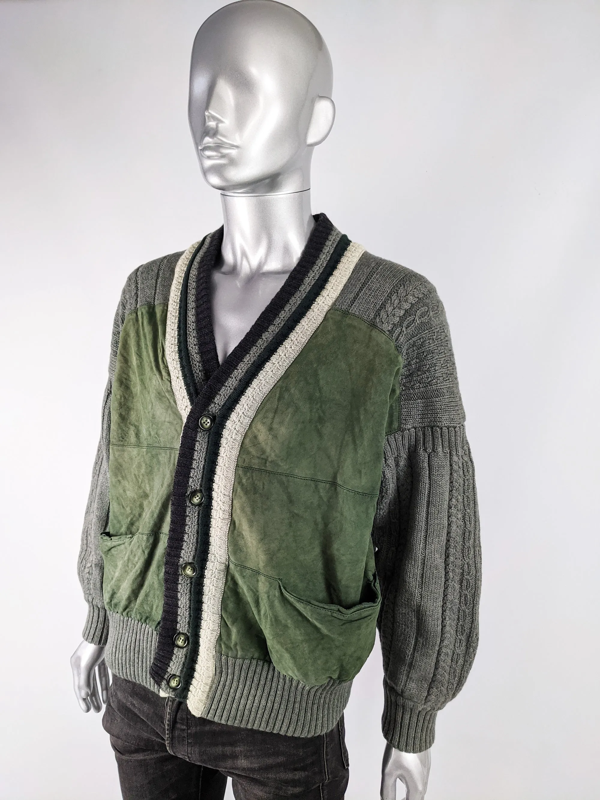 Mens Vintage Cable Knit & Suede Varsity Jacket, 1980s