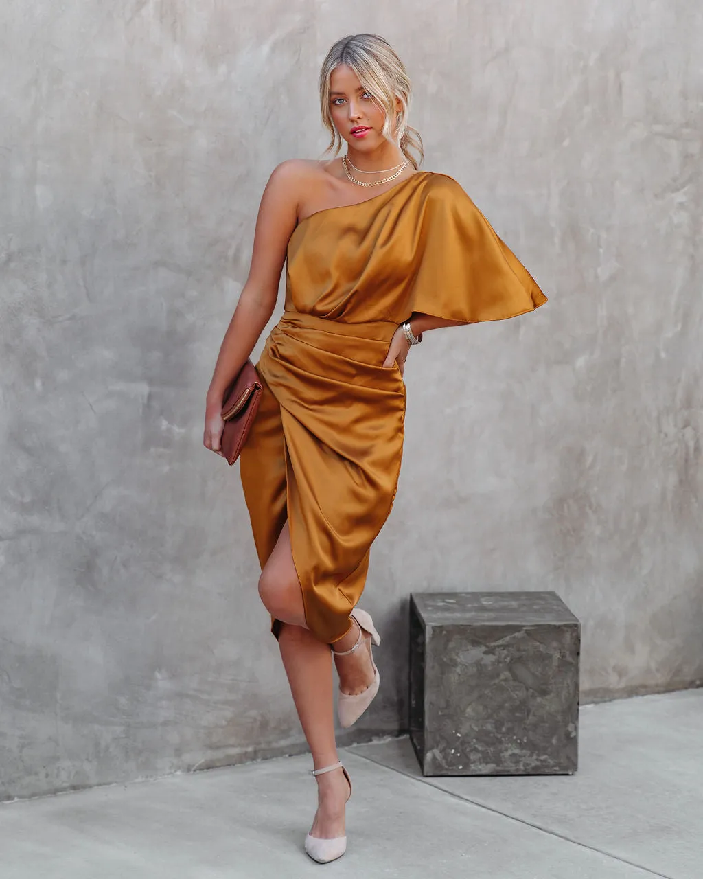 Persimmon One Shoulder Satin Drape Dress -  Marigold