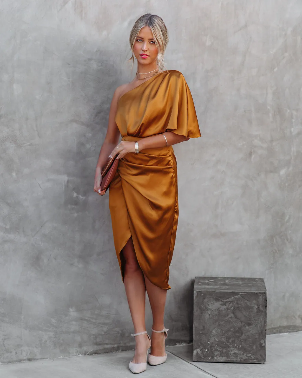 Persimmon One Shoulder Satin Drape Dress -  Marigold