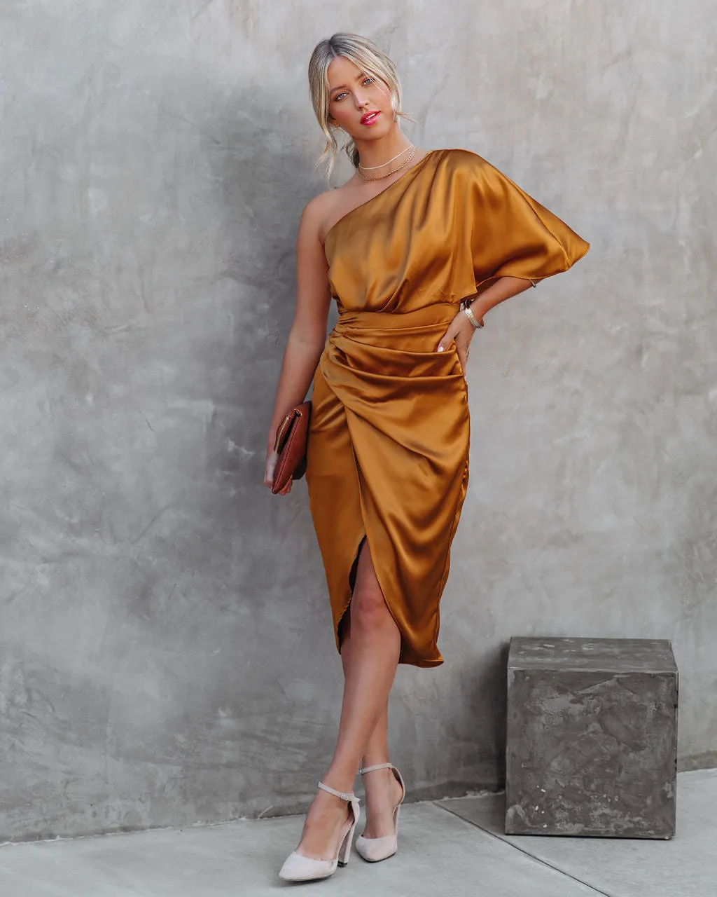 Persimmon One Shoulder Satin Drape Dress -  Marigold