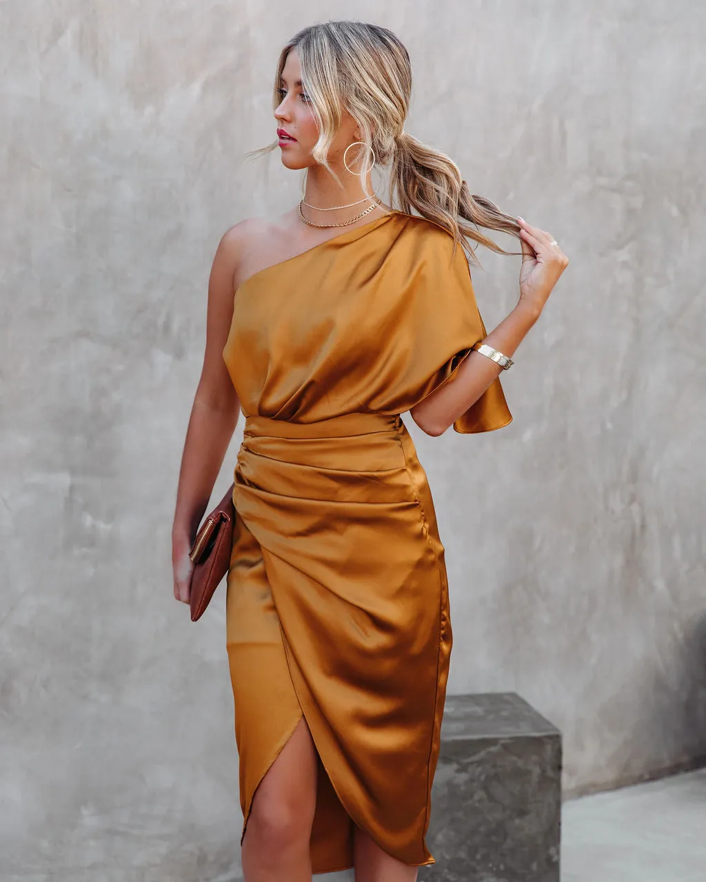 Persimmon One Shoulder Satin Drape Dress -  Marigold