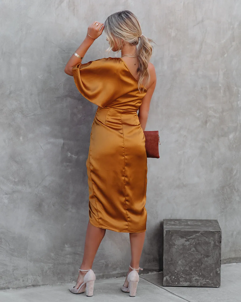 Persimmon One Shoulder Satin Drape Dress -  Marigold