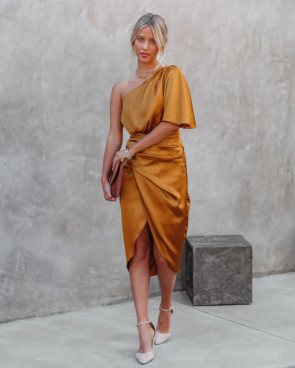 Persimmon One Shoulder Satin Drape Dress -  Marigold