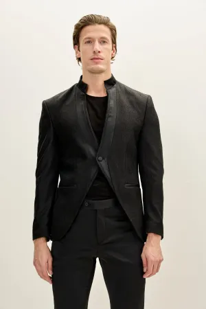 Streaked Satin Mandarin Collar Tuxedo Jacket -  Black