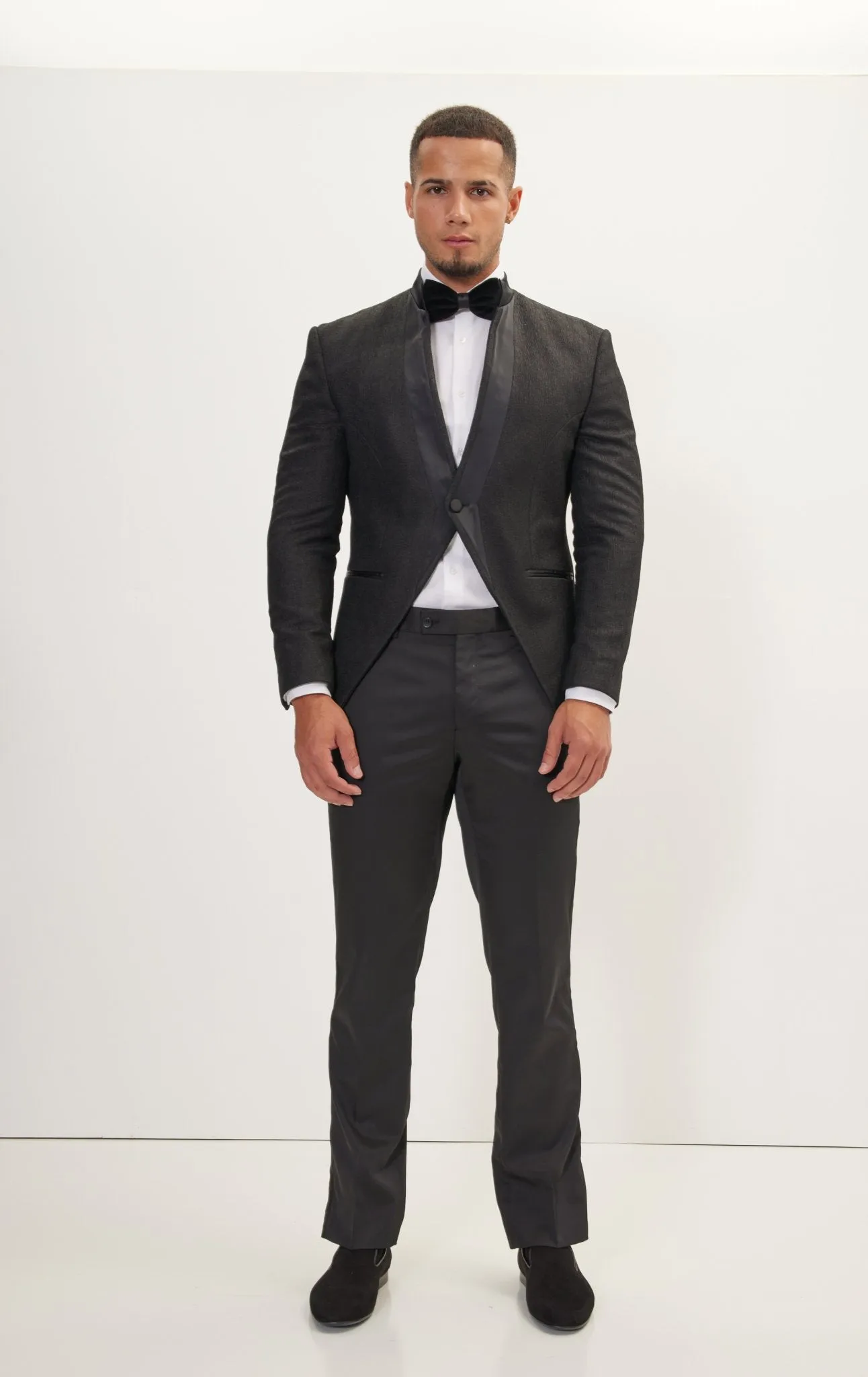 Streaked Satin Mandarin Collar Tuxedo Jacket -  Black