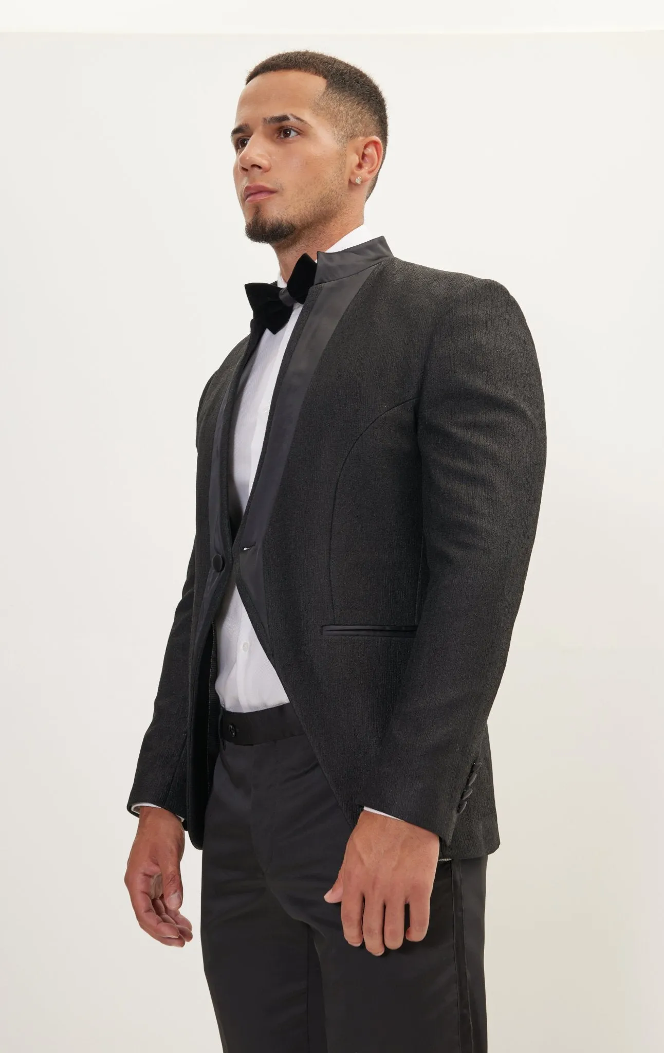 Streaked Satin Mandarin Collar Tuxedo Jacket -  Black