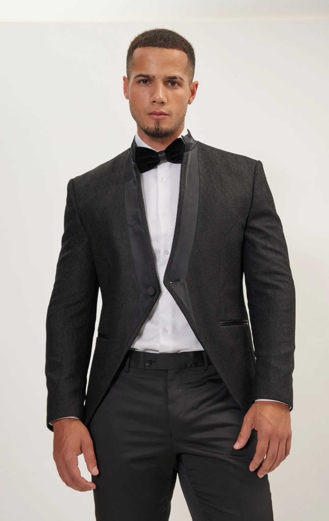 Streaked Satin Mandarin Collar Tuxedo Jacket -  Black