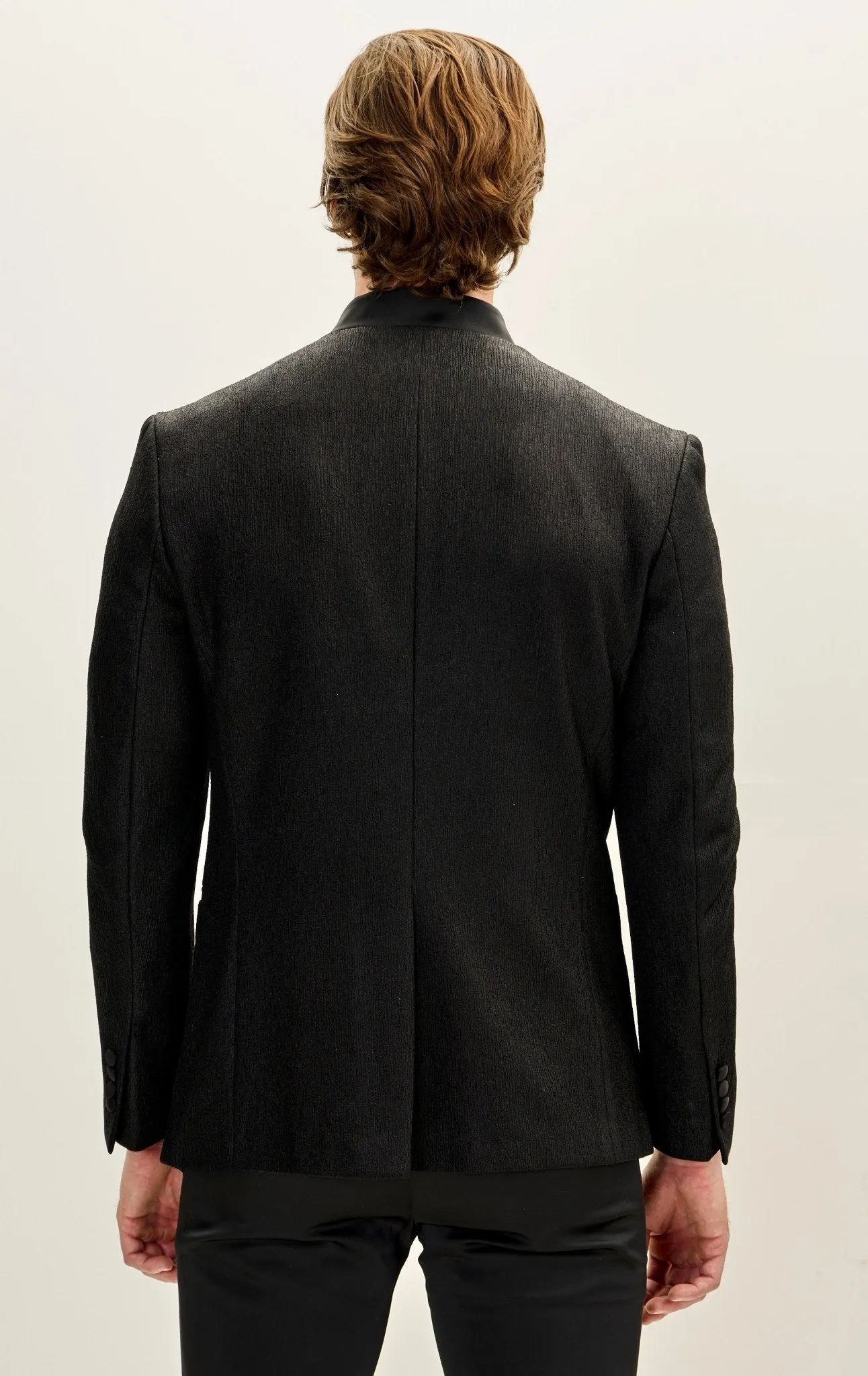 Streaked Satin Mandarin Collar Tuxedo Jacket -  Black