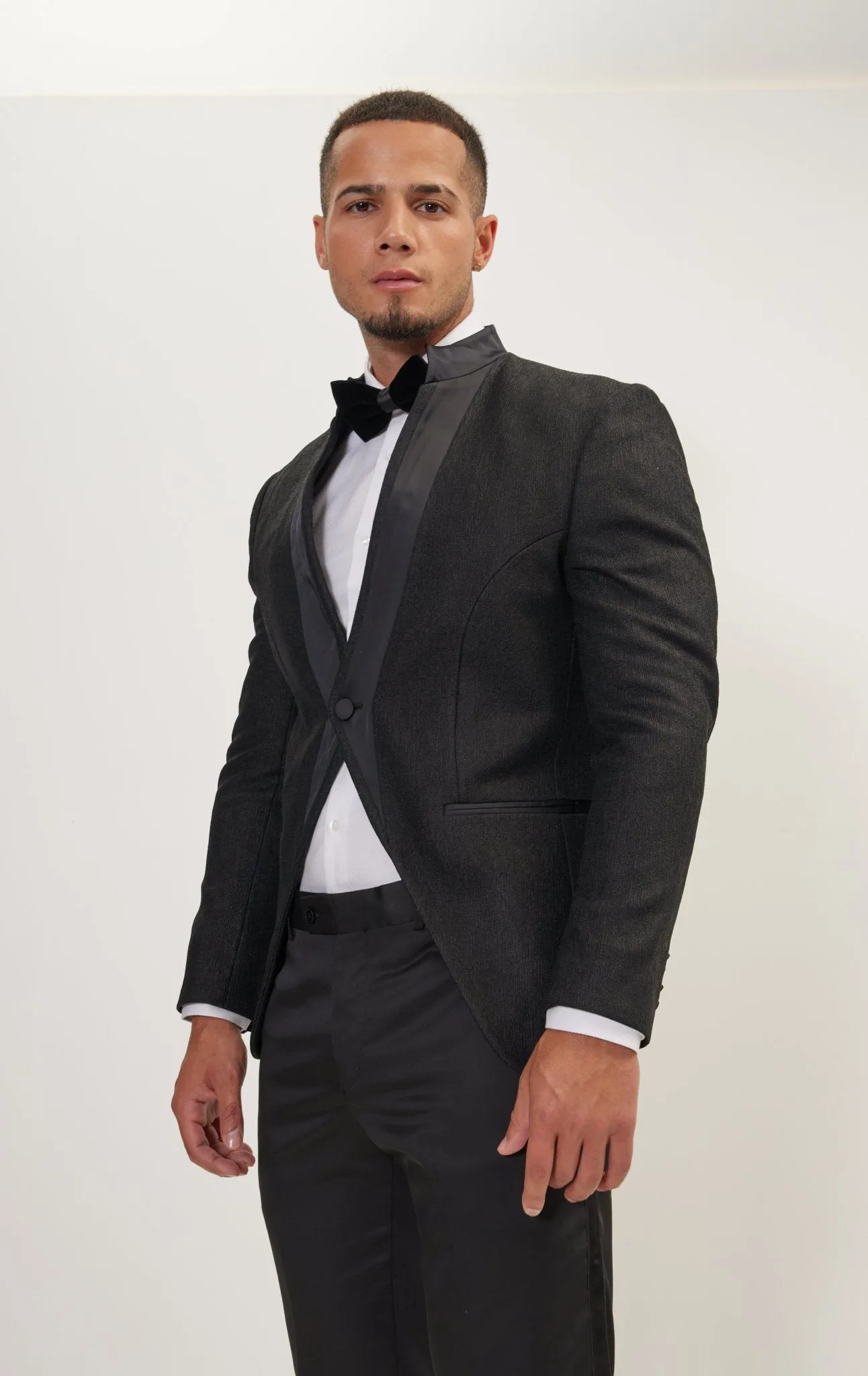 Streaked Satin Mandarin Collar Tuxedo Jacket -  Black