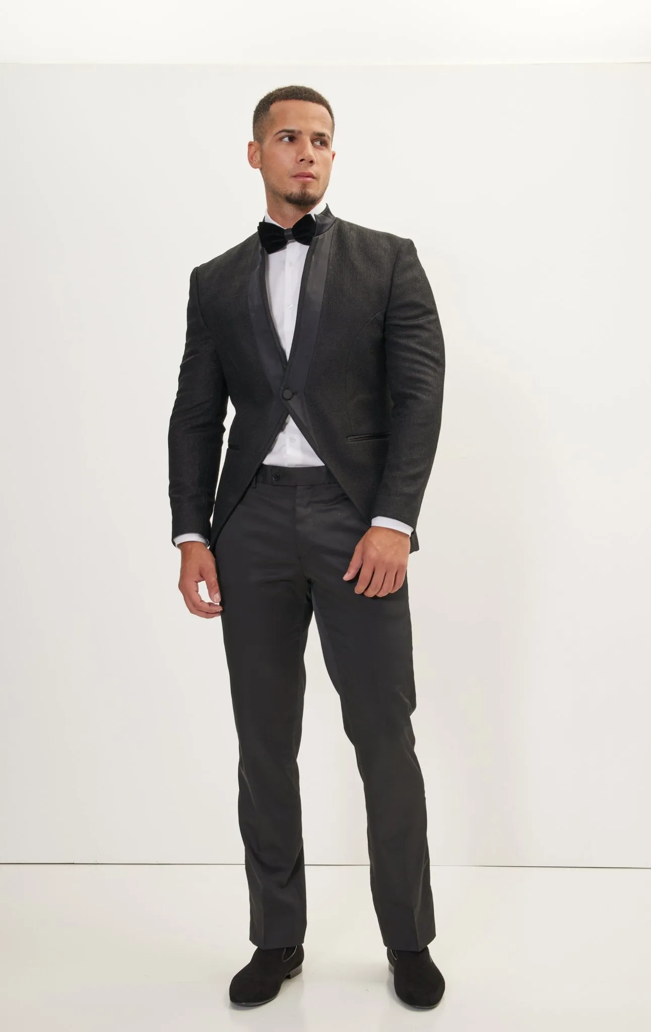 Streaked Satin Mandarin Collar Tuxedo Jacket -  Black