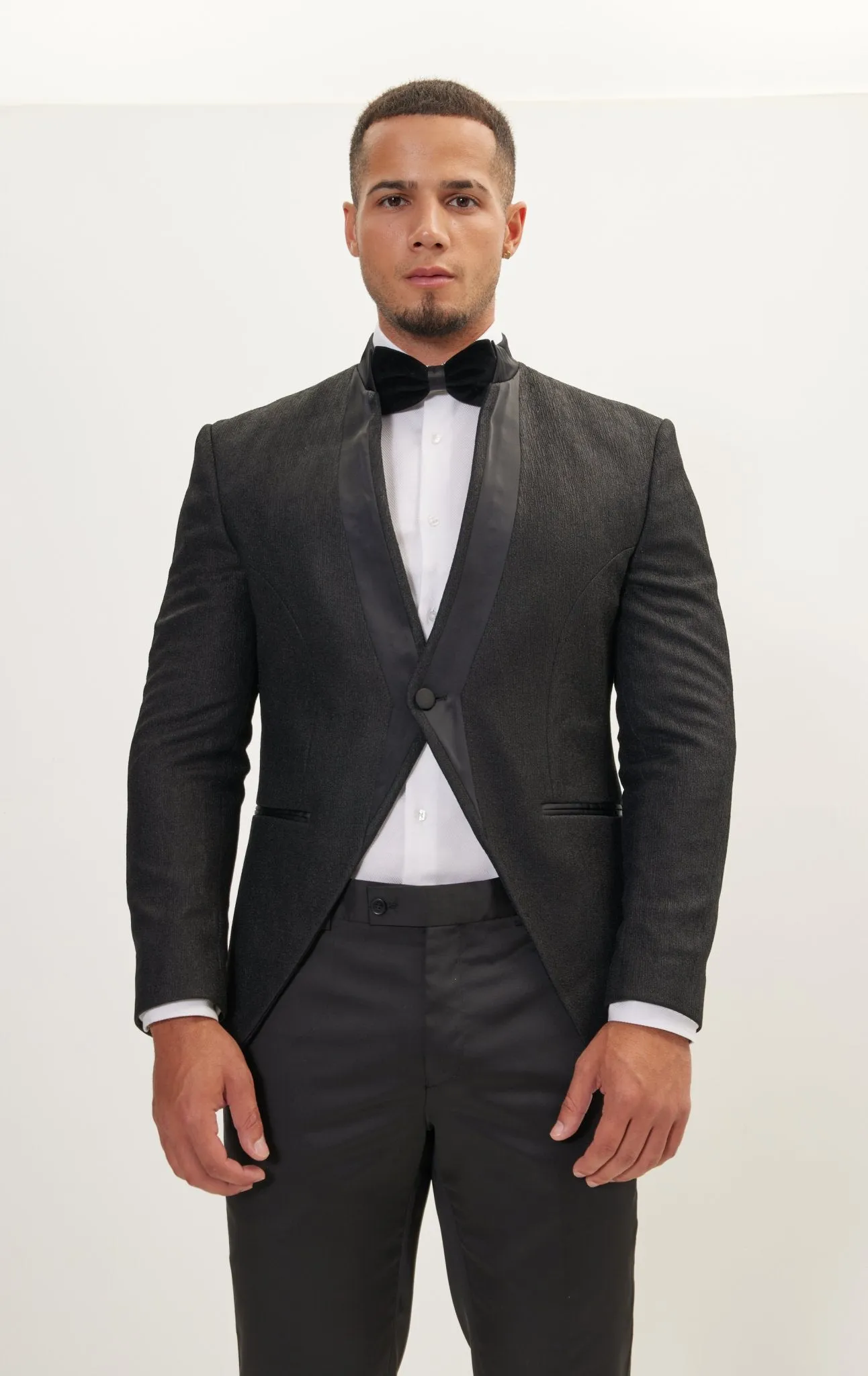 Streaked Satin Mandarin Collar Tuxedo Jacket -  Black