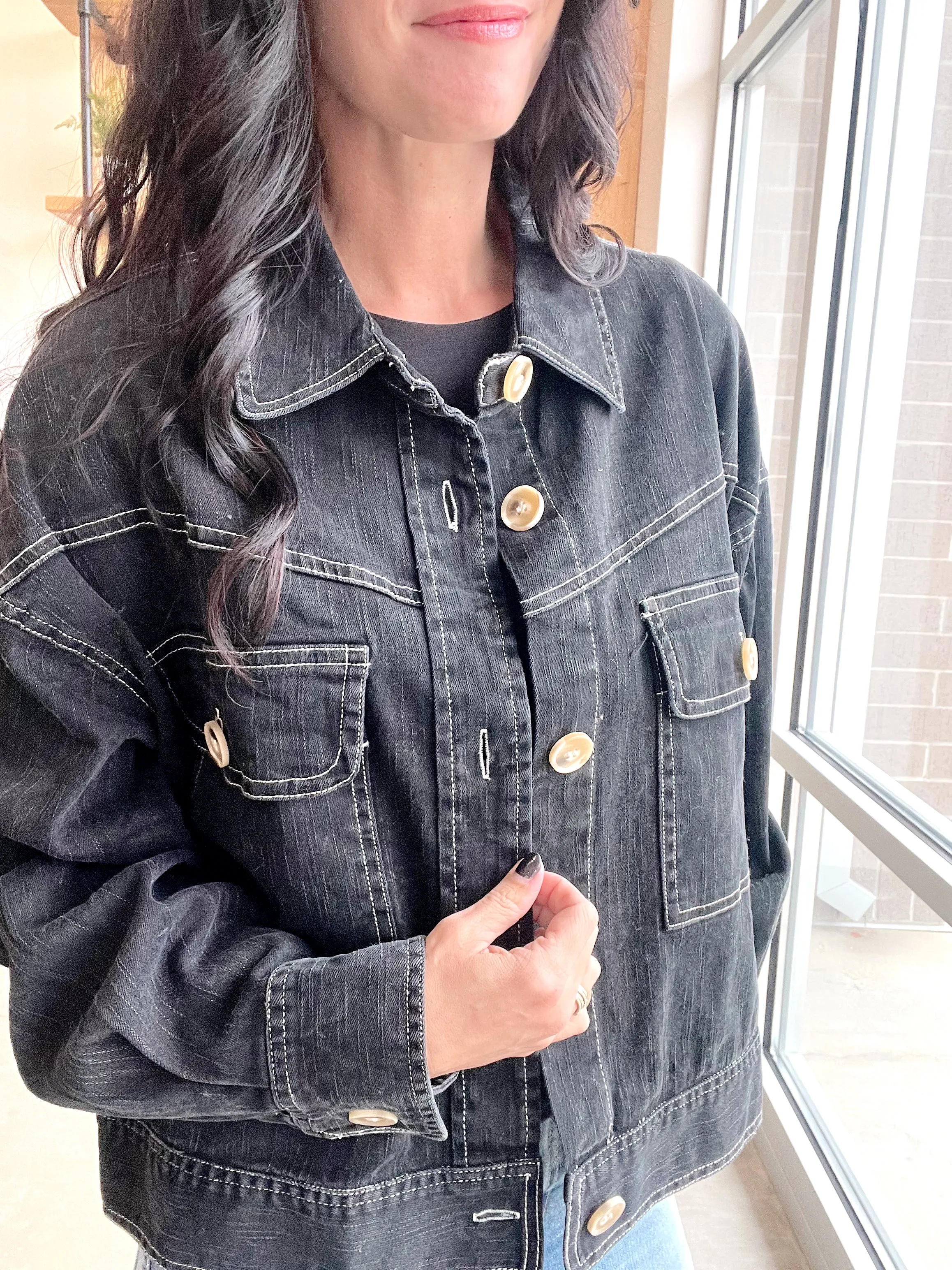 Washed Denim Cropped Jacket in Black