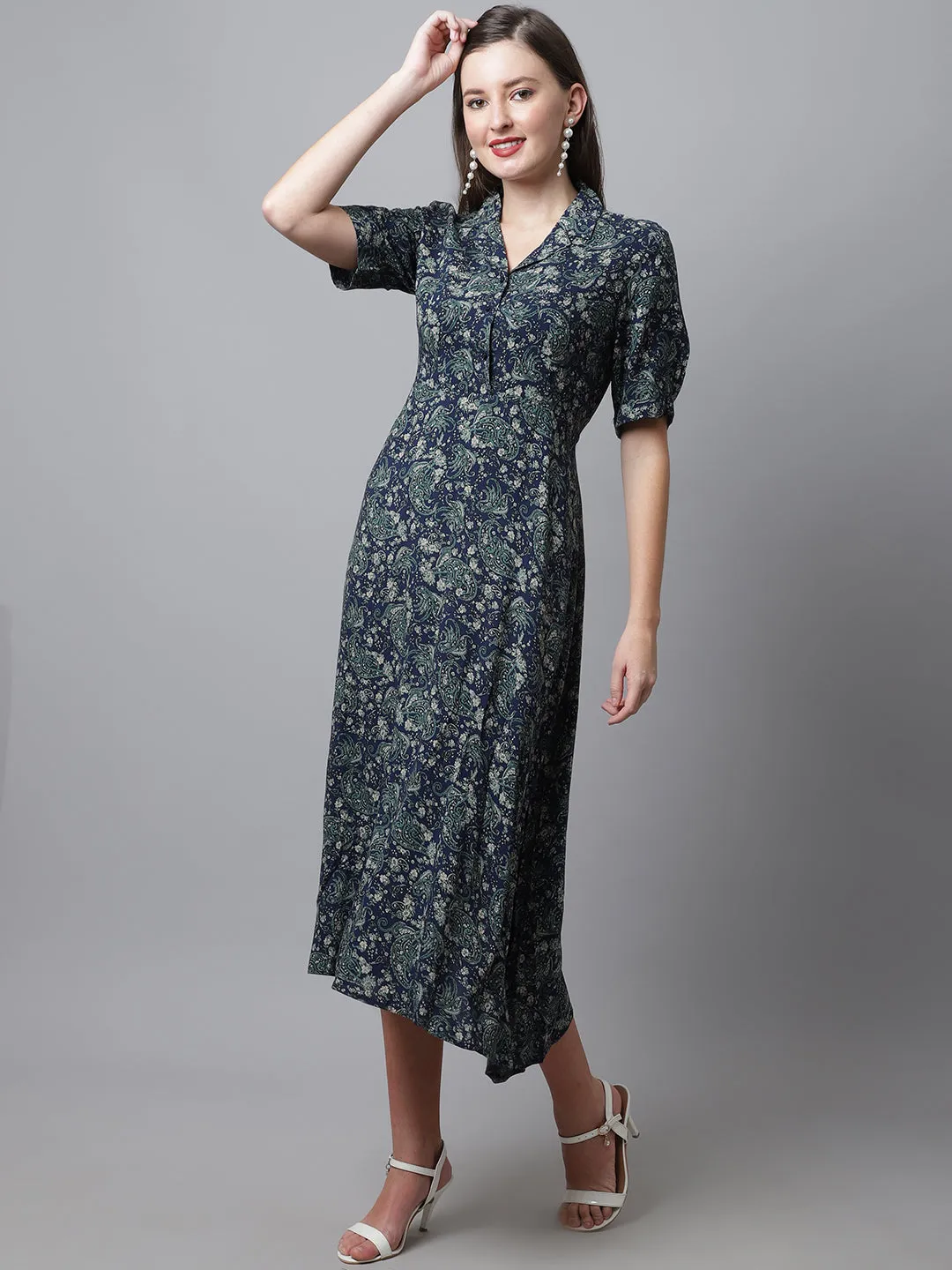 Women's Casual Shirt Collar Green Floral Print Fit & Flared Dress