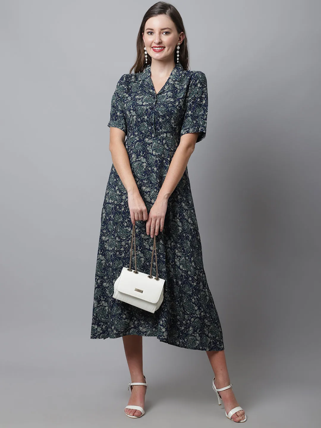 Women's Casual Shirt Collar Green Floral Print Fit & Flared Dress