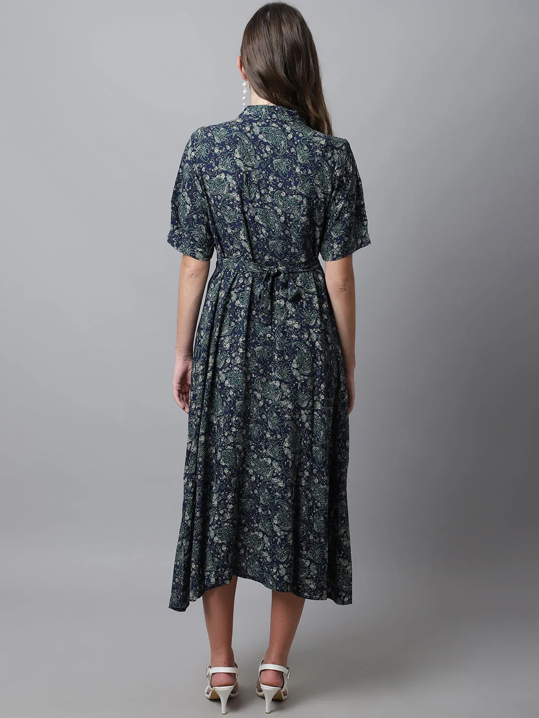 Women's Casual Shirt Collar Green Floral Print Fit & Flared Dress